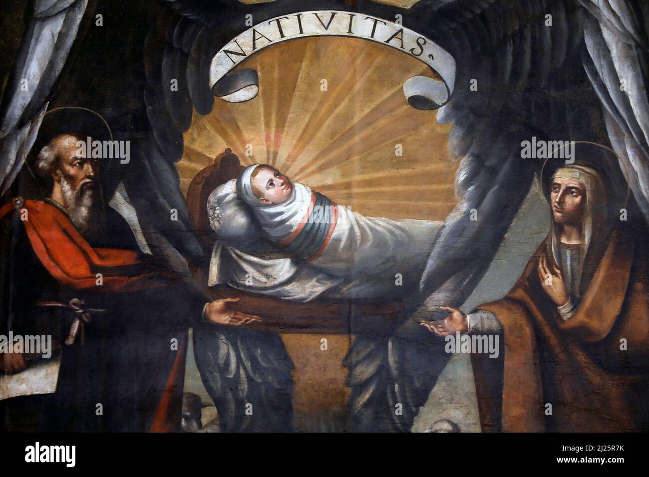 Fray Pedro Gocial Museum im Kloster von San Francisco, Quito, Ecuador. Detail eines Gemäldes, das die Geburt Mariens darstellt (17.. Jahrhundert, anonym) Stockfoto