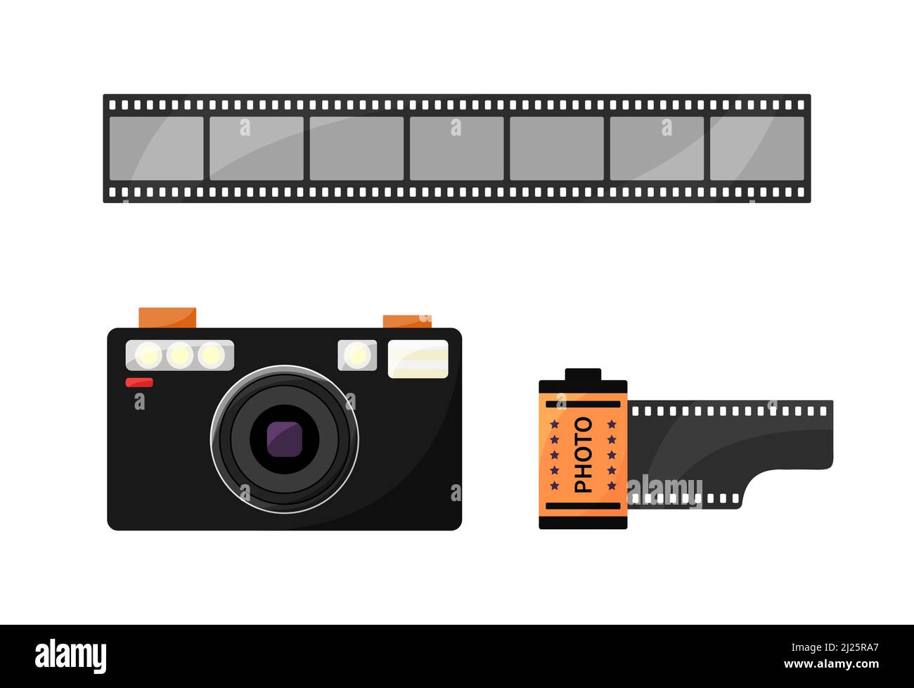 90s Fotokamera, Filmrolle und Filmstreifen isoliert. Retro-Kamera des Fotografen. Set mit Fotoausrüstung aus den Jahren 1980s und 1990s. Vektorgrafik flach illustrative Stock Vektor