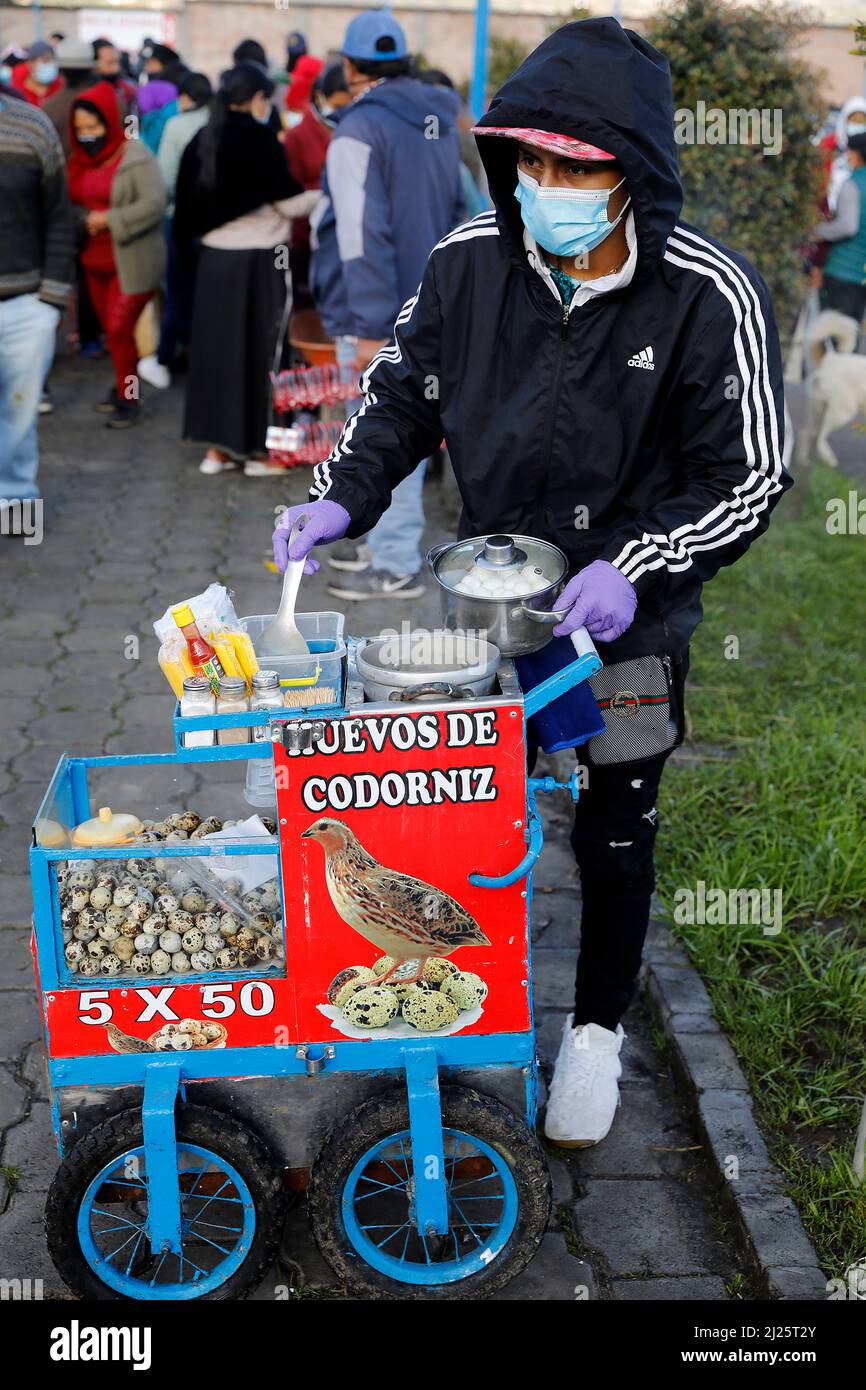 Mann, der gekochte Eier auf dem wöchentlichen Rindermarkt in Otavalo, Ecuador verkauft Stockfoto
