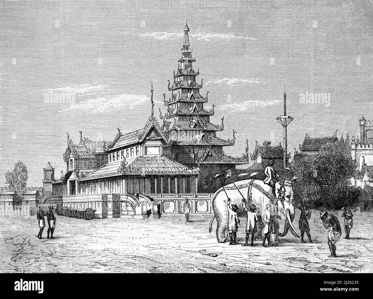 Weißer Elefant oder heiliger Elefant im Königspalast von burmesischen König Bodawpaya, Amarapura, alias Ummerapoora, Mandalay, Burma oder Myanmar. Vintage Illustration oder Gravur 1860. Stockfoto