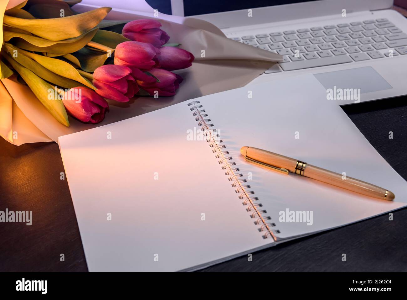 Notizblock mit Tulpenstrauß auf dunklem Hintergrund Stockfoto