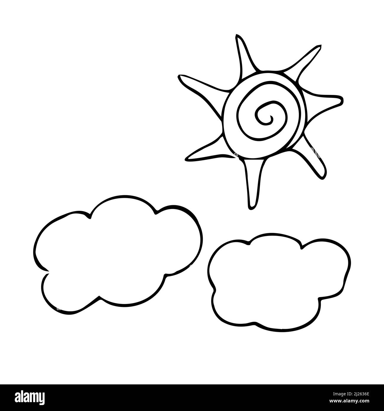 Doodle Linie Sonne und Wolken Symbole. Vektor Moderne Skizze des Wetters. Isoliert Stock Vektor