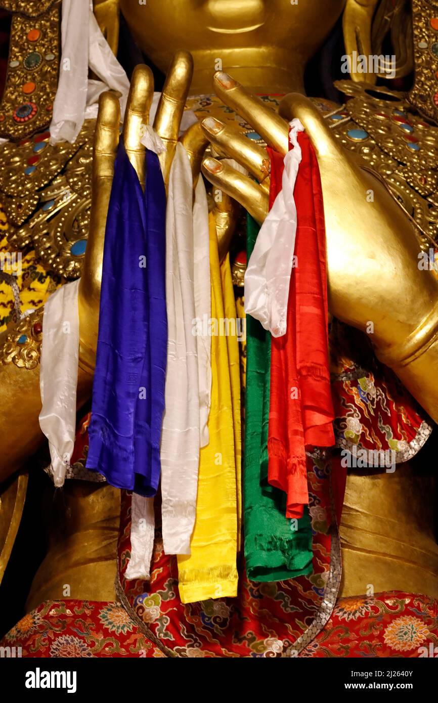 Goldener Sakyamuni Buddha in einem Kreuzgang Gebetsraum. Stockfoto