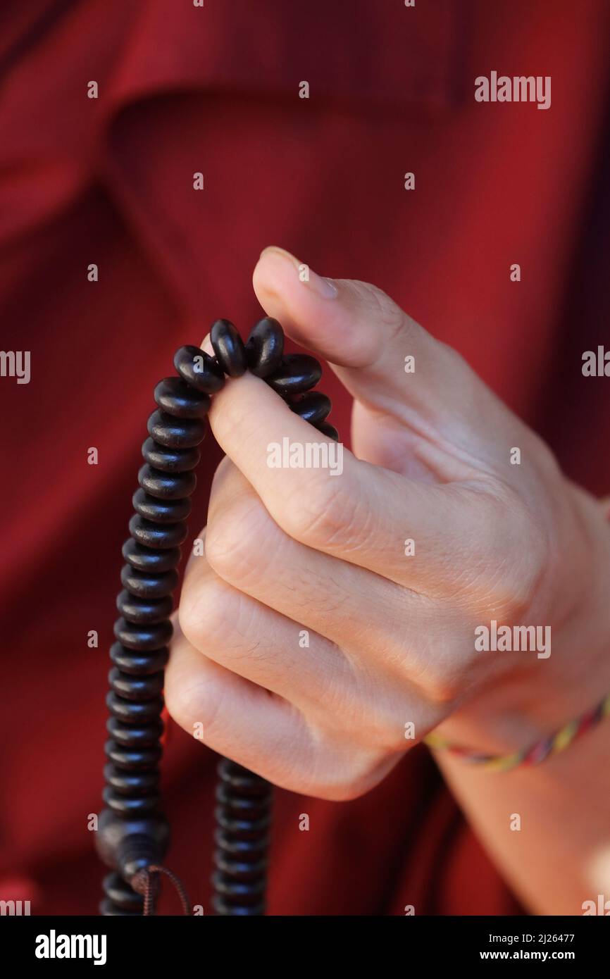 Kloster Pema Osel Ling. Hand eines Mönchs, der bei einem mala (buddhistischer Rosenkranz) betet und Perlen zählt. Stockfoto