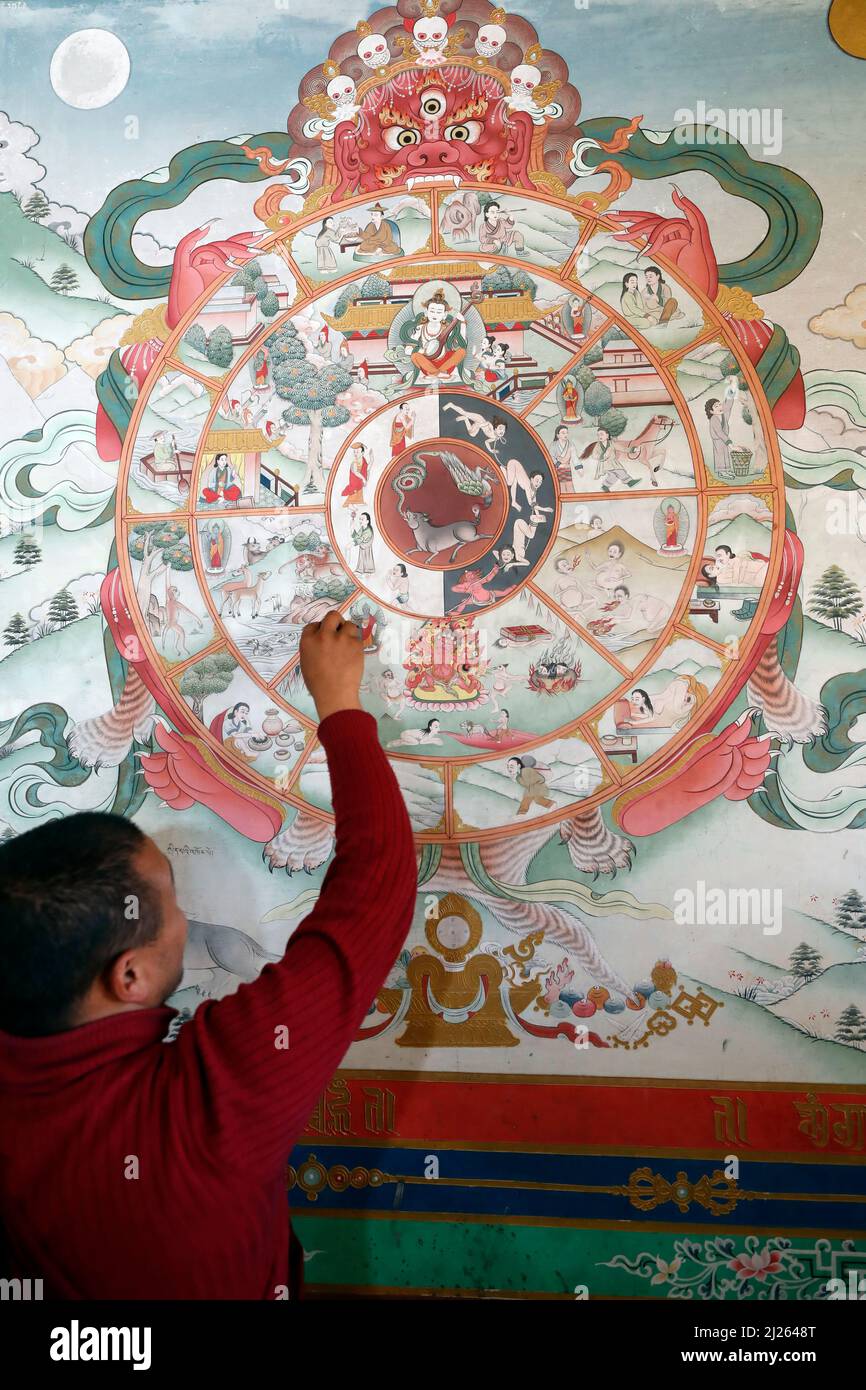 Kloster Pema Osel Ling. Das Rad des Lebens oder die bhavacakra ist eine symbolische Darstellung von saṃsara. Wandmalerei. Stockfoto