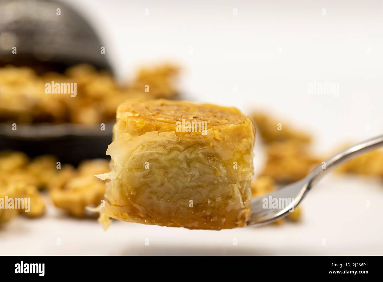 Walnuss Baklava auf weißem Hintergrund. Traditionelle türkische Küche Delikatessen. Lokaler Name ist cevizli saray sarma baklava Stockfoto