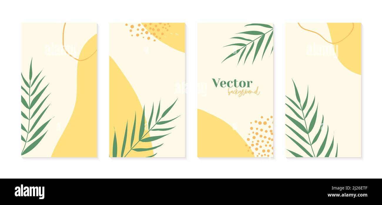 Minimale instagram Storys Vorlagen in gelben Farben mit Palmblättern. Abstrakte organische Formen floralen Sommer Hintergrund mit Kopieplatz für Text Stock Vektor