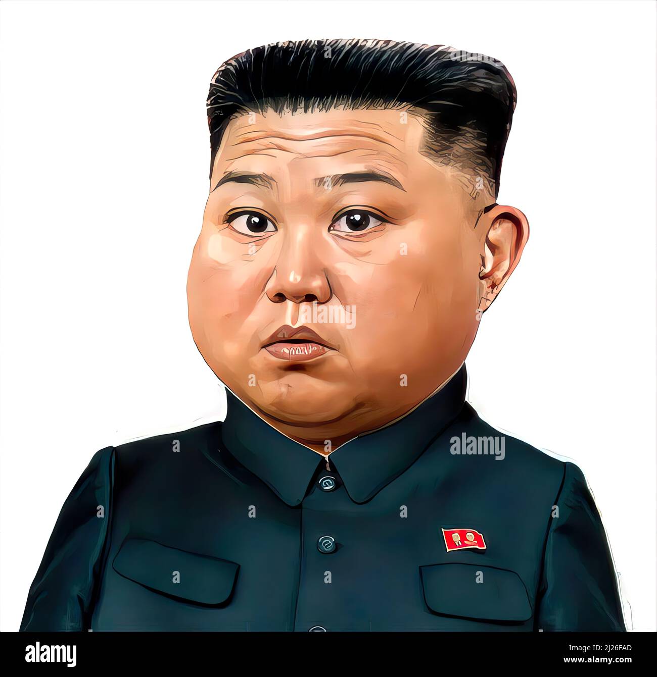 Der nordkoreanische Präsident Diktator Kim Jong UN, Karikaturengesicht, besorgt, erstaunt Stockfoto