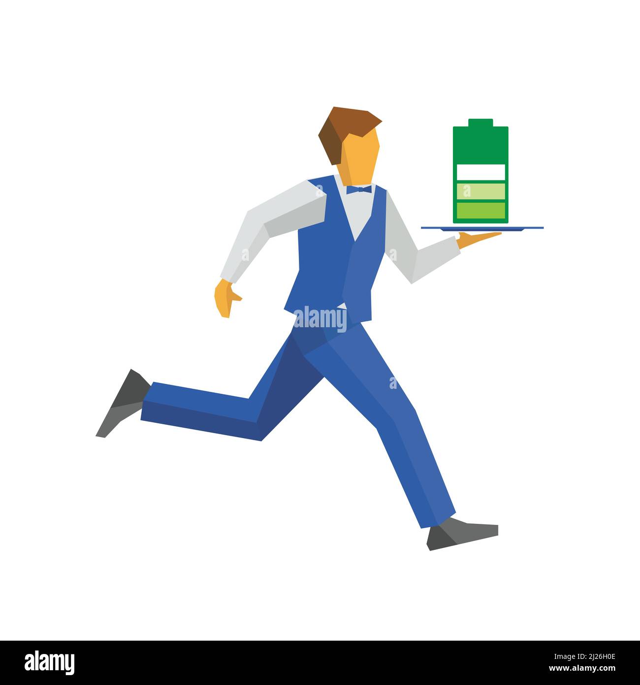 Kellner in blauer Weste und Hose läuft mit einer großen grünen Batterie. Lustiges Konzept für grüne Energie Stock Vektor