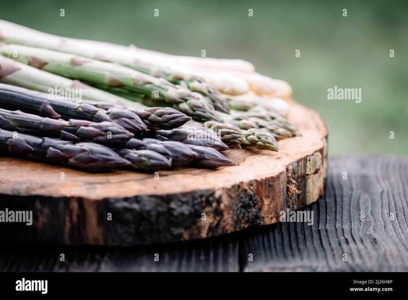 Grüner, violetter und weißer Spargel sprießt auf Holzbrett aus der Nähe. Draufsicht flach liegend. Food-Fotografie Stockfoto