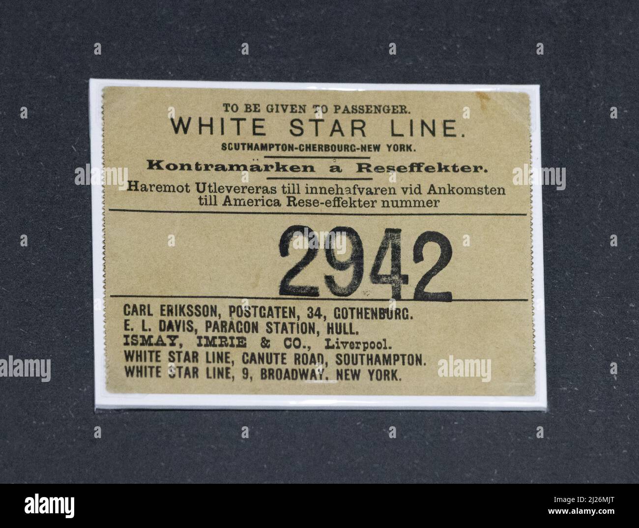 Original Titanic Objekt; Gepäckquittung für Titanic Third Class Passagier Velin Ohman. Authentische titanic-Artefakte, London Titanic Exhibition 2022 Stockfoto