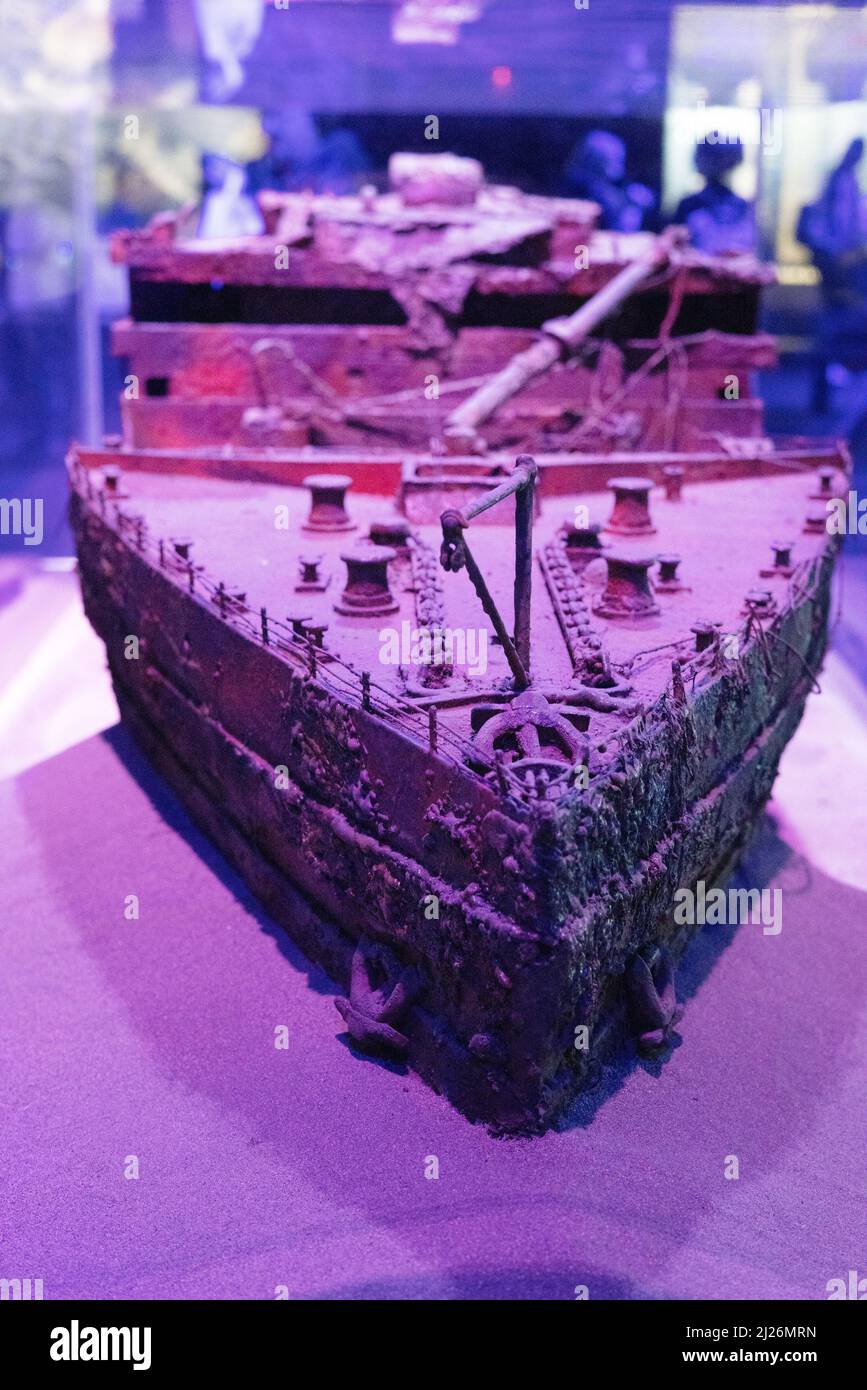Die Titanic Sinking; Titanic Modell des RMS Titanic Wracks unter Wasser auf dem Meeresboden; Titanic Exhibition, London UK Stockfoto