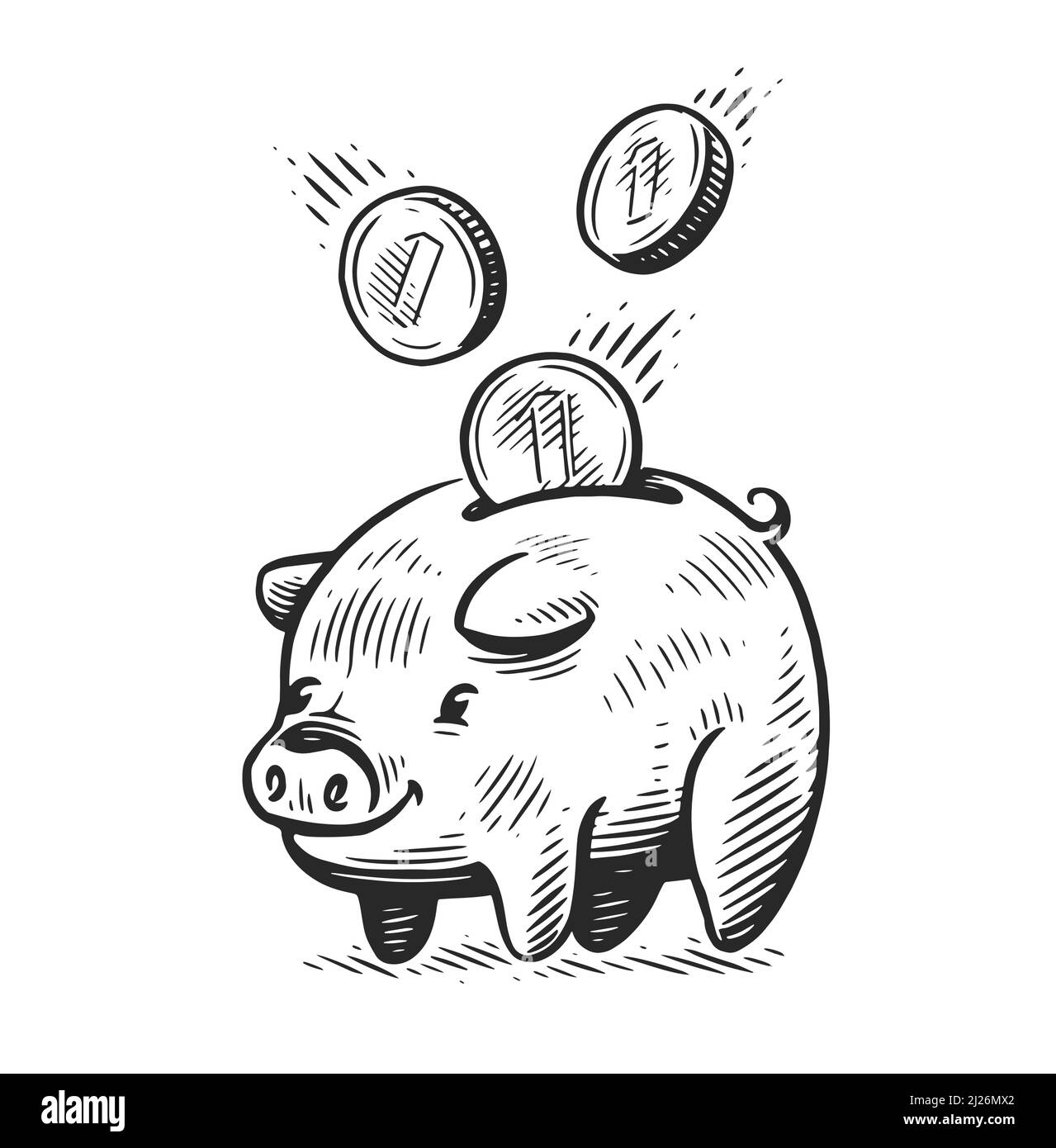 Sparschwein mit fallenden Münzen. Geschäfts-, Ertrags- Konzept. Skizzenvektordarstellung Stock Vektor