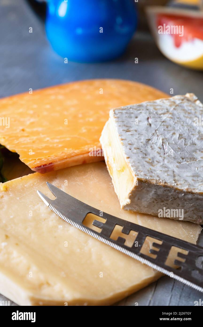 3 Käsesorten (holländisch, schweizerisch, italienisch), Messer mit Aufschrift 'Cheese', blauer Becher und ein Teil Grapefruit auf dem Tisch, Nahaufnahme. Stockfoto