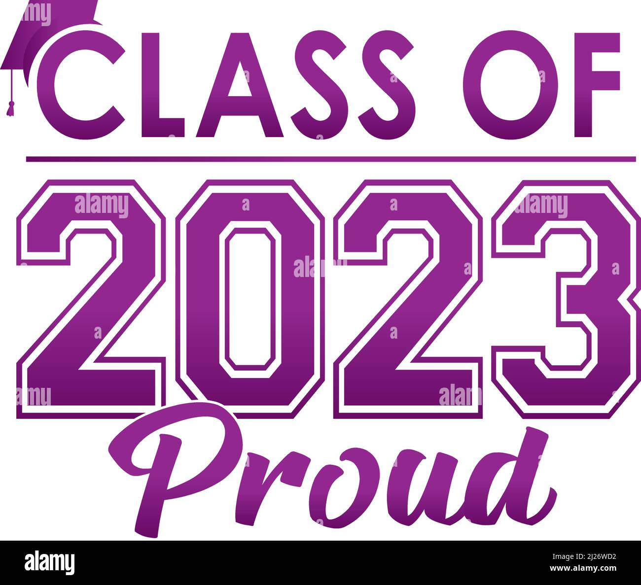 Violettes STOLZES Logo der Klasse 2023 mit Abschlusskappe Stock Vektor