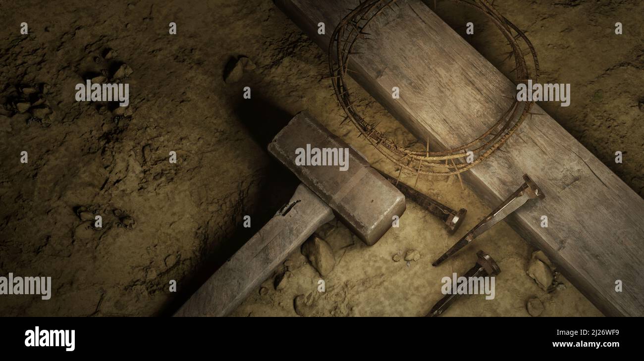 Hammer und Nägel, Dornenkrone. Karfreitag, Leiden Jesu Christi. Christlicher Osterurlaub. Kreuzigung, Auferstehung Jesu Christi. Gospel, Stockfoto