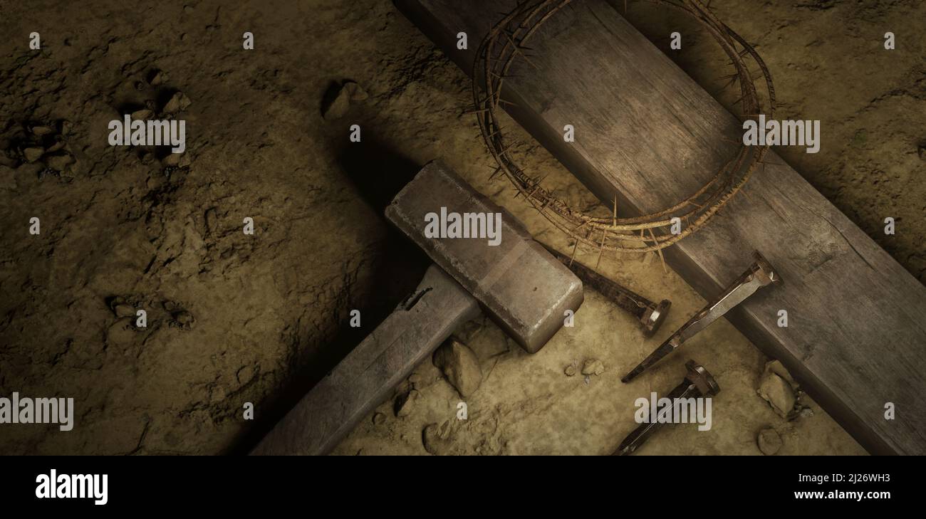 Kreuzigung Von Jesus Christus. Kreuz mit drei Nägeln und Dornenkrone auf dem Boden Karfreitag Ostern Hintergrund Stockfoto