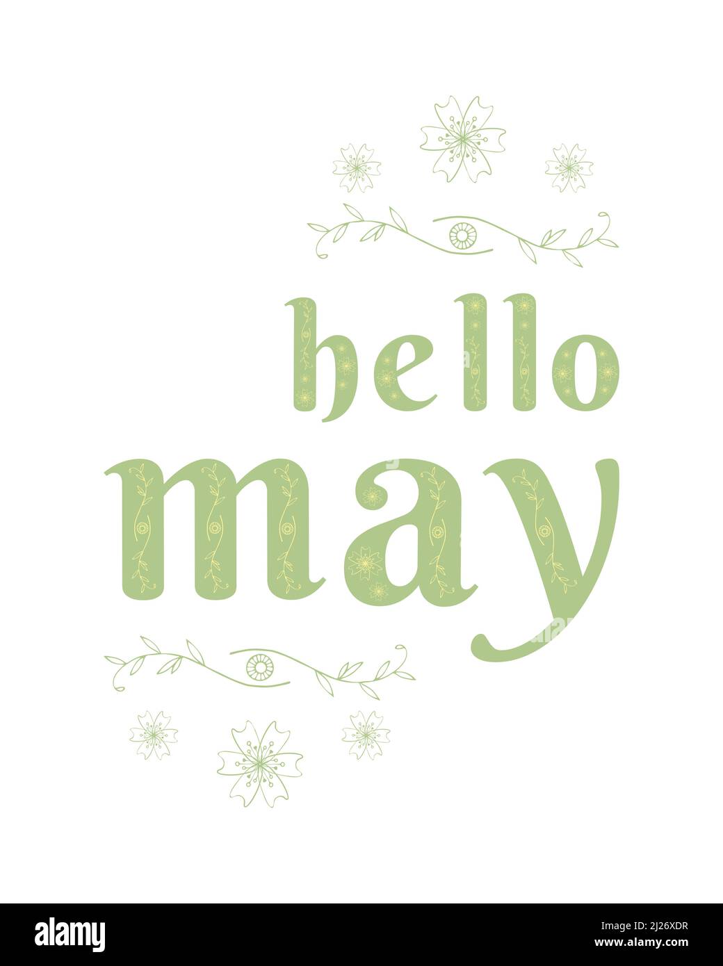 Hallo May Schriftzug. Elemente für Einladungen, Poster, Grußkarten. Vektor für den Frühlingsmonat mit Doodle-Blüten und Blättern. Blumenschmuck. Abbildung Monat Mai. Vektorgrafik Stock Vektor