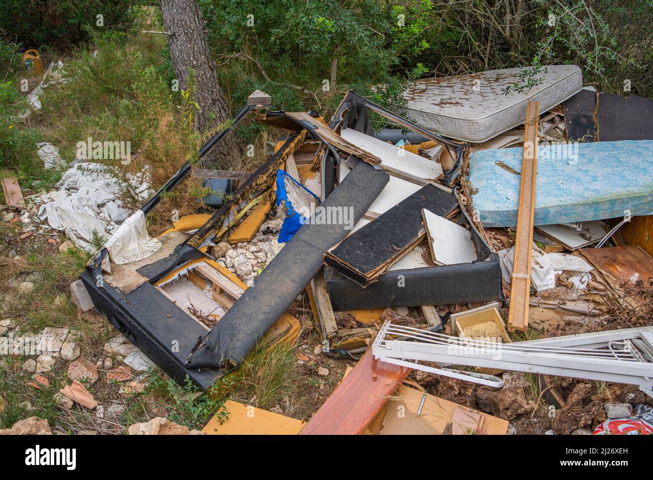 Müll liegt im Wald an einer Landstraße in Tarragona, Costa Dorada, Katalonien, Spanien Stockfoto