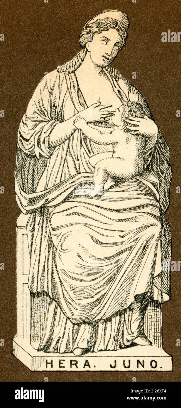 Europa, Griechenland, Hera ( griechische Mythologie ) oder Juno ( römische Mythologie ) , Göttin der Ehe und Geburt , Motiv aus : der Tempel, die Mythologien der vorzüglischsten Culturvölker bis zum Christentum , von Johannes Minckwitz, Alfred Oehmigke´s Verlag, Leipzig, 1880 . / Europa, Griechenland, Hera (griechische Mythologie) oder Juno (römische Mythologie, Göttin der Ehe und Geburt, Bild aus: Der Tempel, Mythologien der erlesensten Kulturvölker bis zum Christentum, von Johannes Minckwitz, Verlag Alfred Oehmigke, Leipzig, 1880. Stockfoto