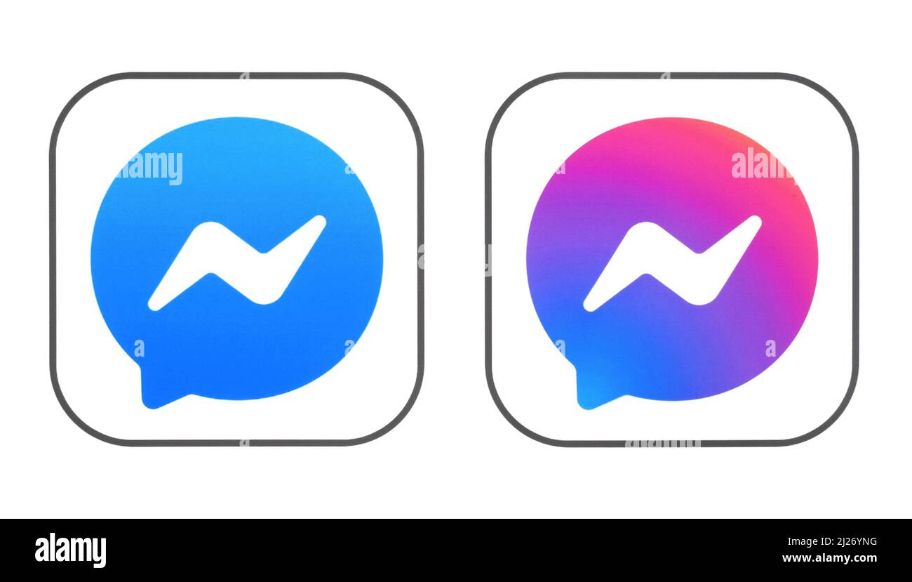 Kiew, Ukraine - 08. Februar 2022: Alte und neue Ikonen des Facebook Messenger, gedruckt auf weißem Papier. Facebook ist ein bekannter Dienst für soziale Netzwerke Stockfoto