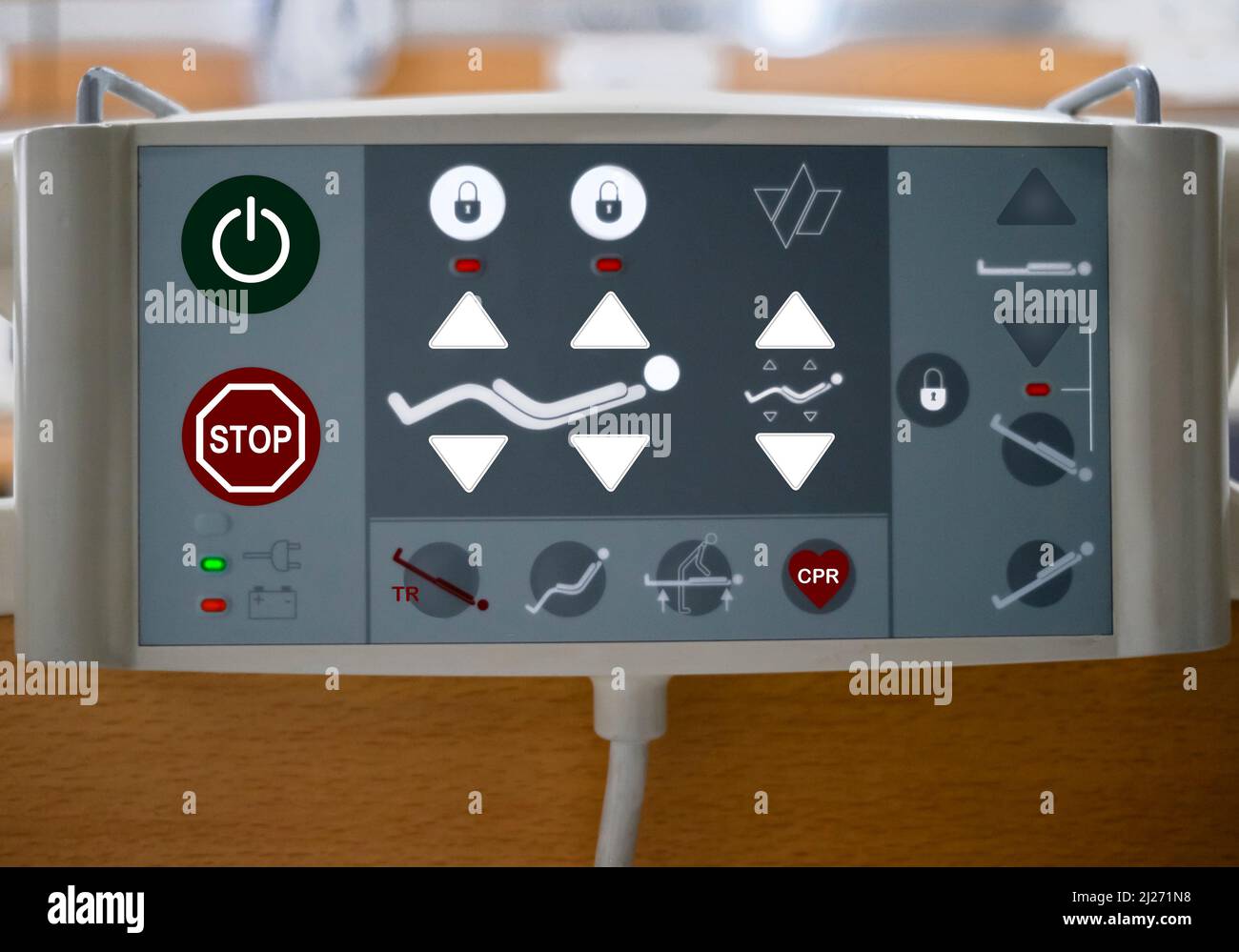 Verstellbares Fernbedienfeld für Krankenhausbett. Symbole und Tasten. Auswahlfeld. Stockfoto