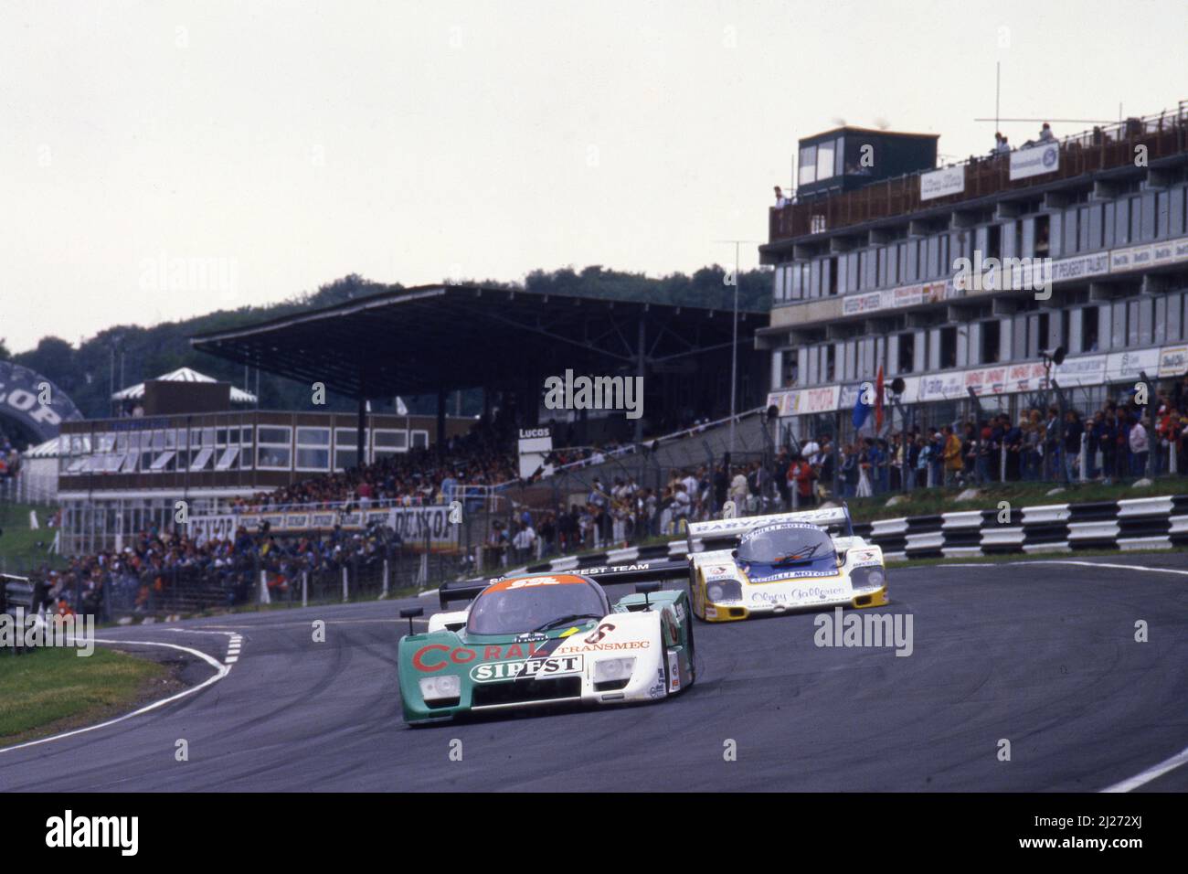 Bruno Giacomelli (ITA) Andrea de Cesaris (ITA) Lancia LC2 Cl1 Sponsor Geest Team Stockfoto