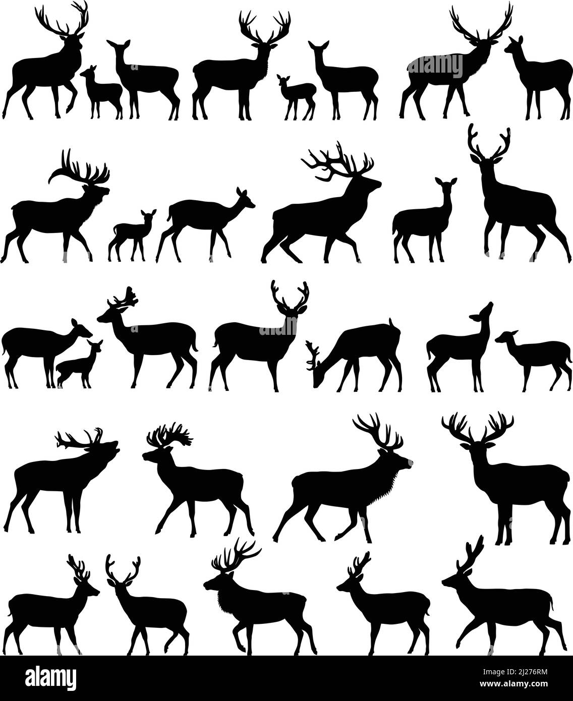 Sammlung von Silhouetten von Hirschen und ihren Jungen Stock Vektor