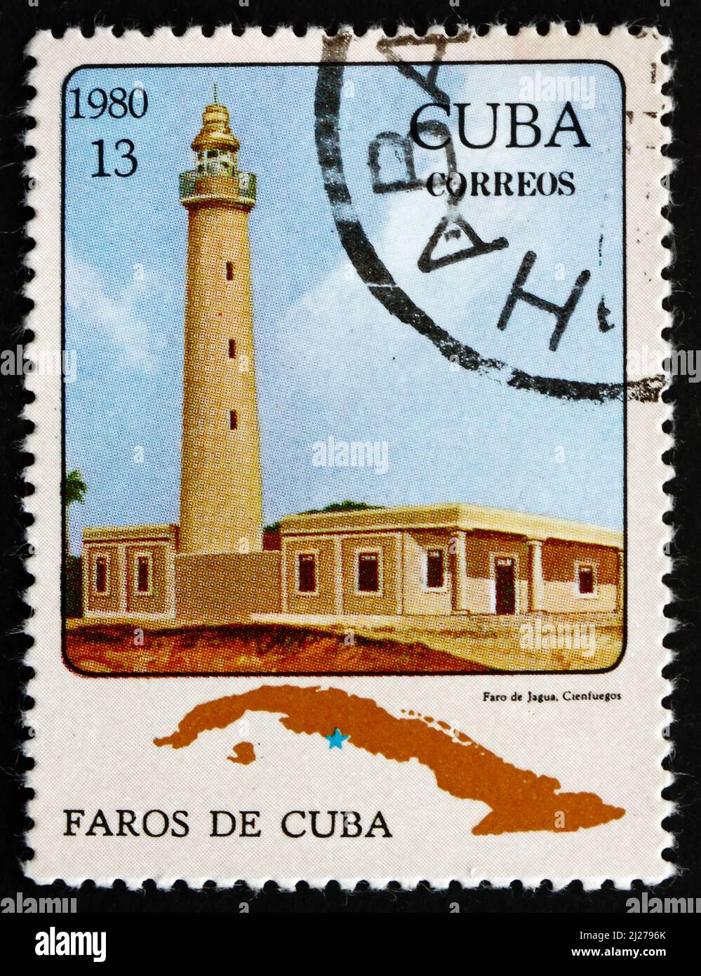 KUBA - UM 1980: Eine auf Kuba gedruckte Briefmarke zeigt Jagua, Cienfuegos, Leuchtturm, um 1980 Stockfoto