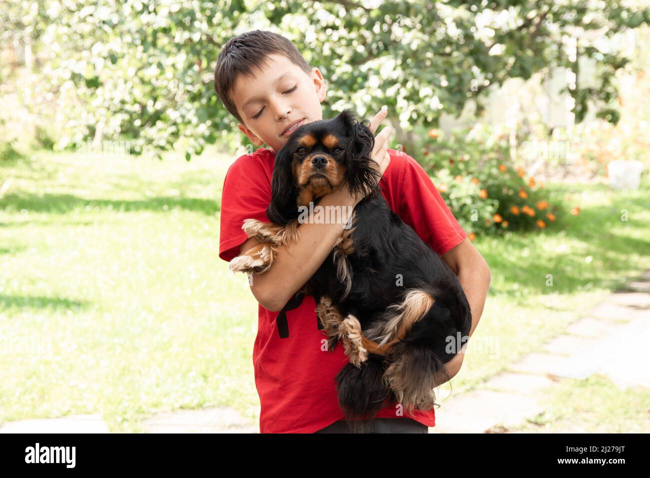 Junge ruhige, enge Augen Junge in roten T-Shirt mit Armen streicheln umarmenden Welpen Hund. Entspannung, Erholung auf dem Land. Stockfoto