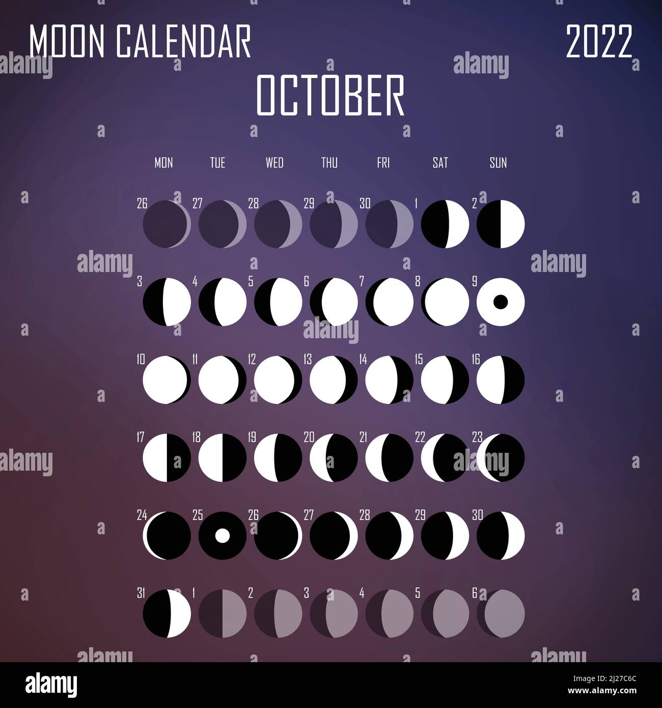 Oktober 2022 Mondkalender. Astrologisches Kalenderdesign. planer. Platz für Aufkleber. Modell des Monatszyklus-Planers. Isolierter flüssiger Farbhintergrund Stock Vektor