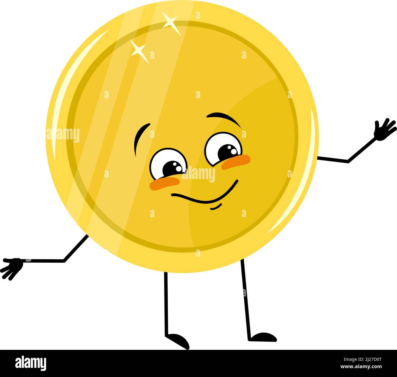Niedlicher goldener Münzcharakter mit fröhlicher Emotion, fröhlichem Gesicht, lächelnden Augen, Armen und Beinen. Geldmensch mit witzigem Ausdruck und Pose. Vektorgrafik flach Stock Vektor