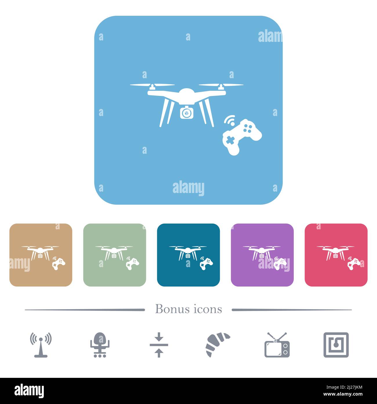 Drohne steuert weiße flache Symbole auf abgerundeten quadratischen Hintergründen. 6 Bonus-Symbole enthalten Stock Vektor