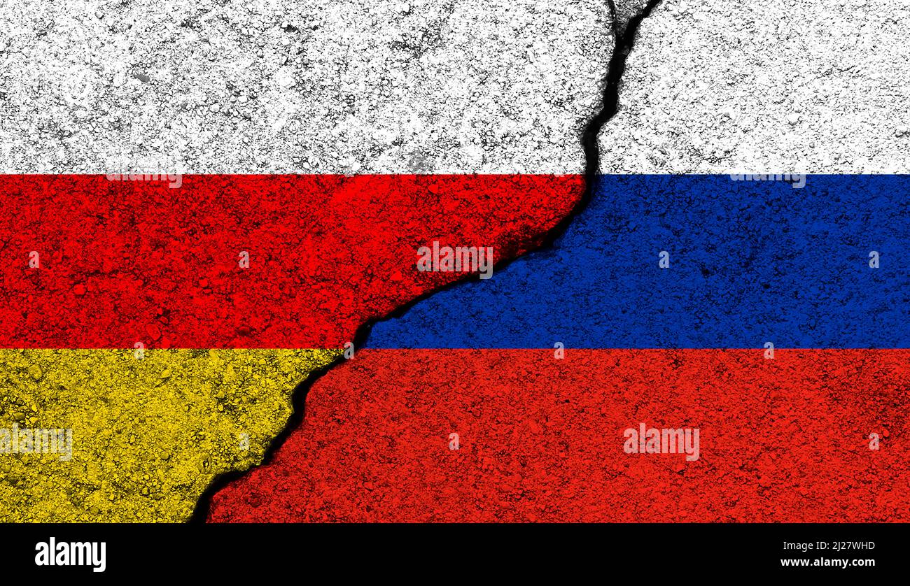 Südossetien und Russland Flaggen Hintergrund. Militärischer Konflikt, Krieg, Unabhängigkeitskonzept Stockfoto