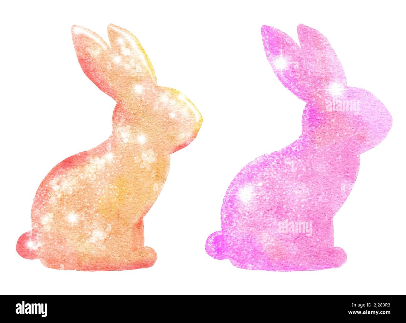 Aquarell-Osterhasen Kaninchen mit glänzend schimmernder Glitzerstruktur, Pastellfarben-Design. April Frühling religiöse Feier, für Karten Einladungen Drucke Stockfoto