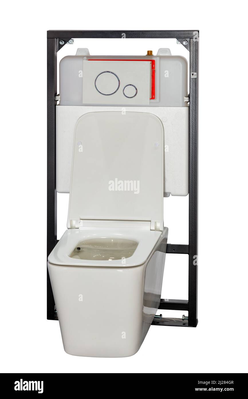 Toilettenschüssel und eingebautes Spülsystem, Bild isoliert auf weißem Hintergrund. Stockfoto