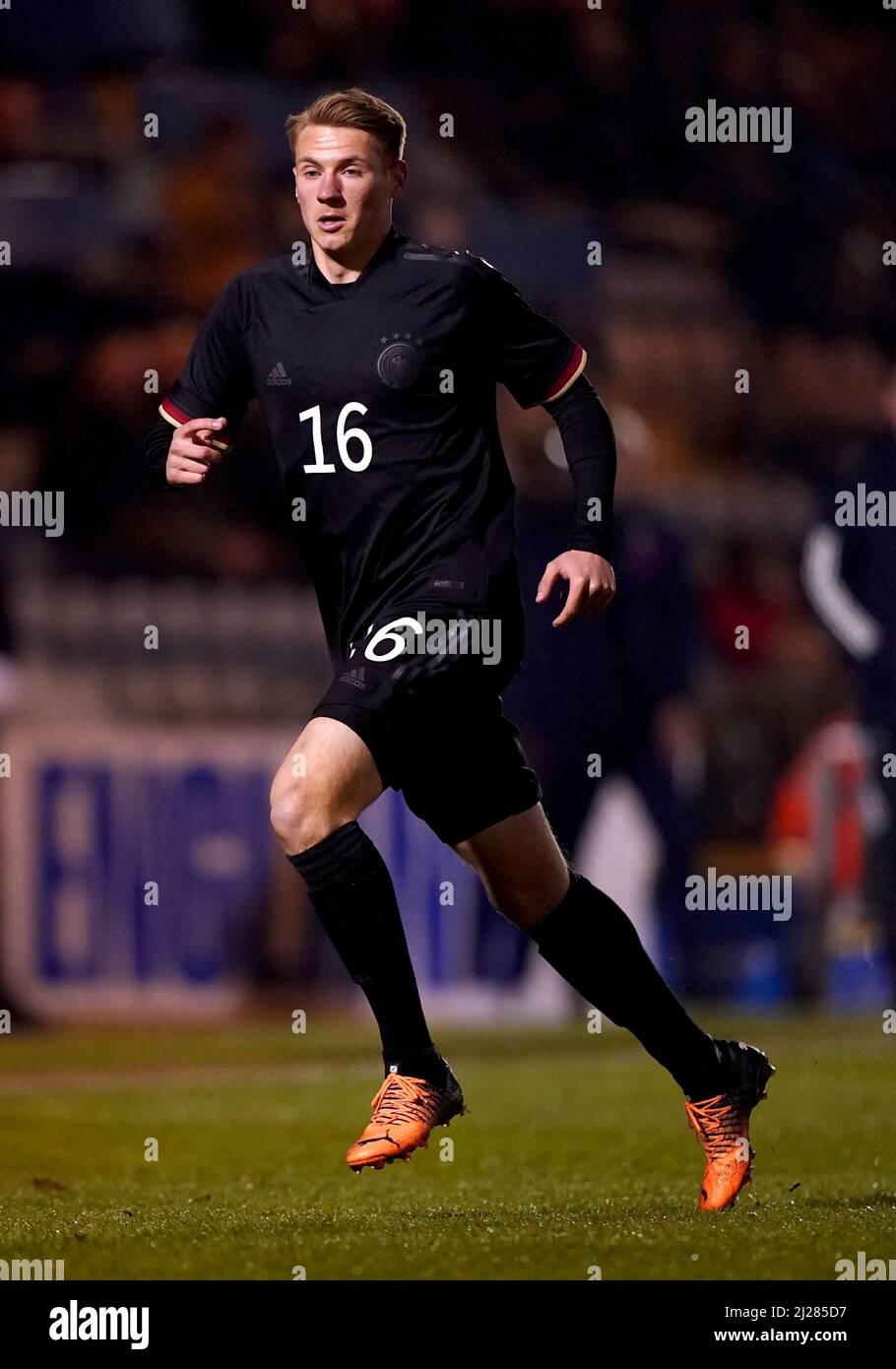 Deutschlands Joshua Schwirten während des Spiels der Elite League unter 20 Jahren im JobServe Community Stadium, Colchester. Bilddatum: Dienstag, 29. März 2022. Stockfoto