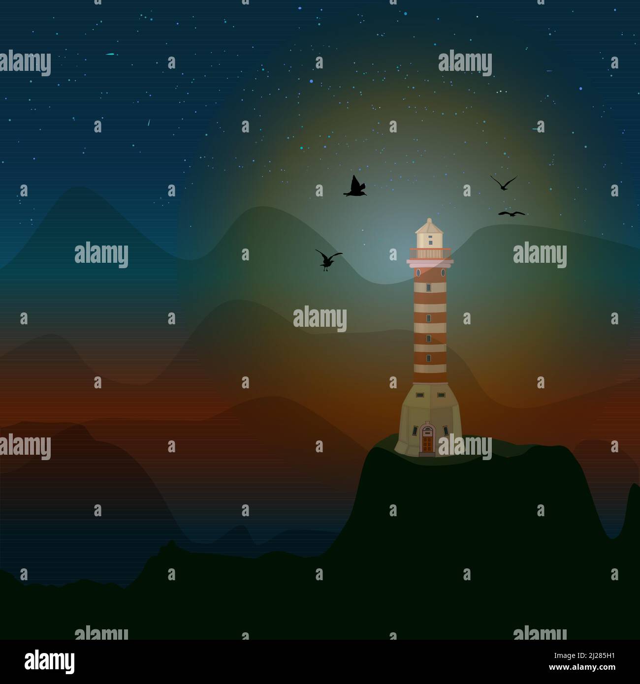 Leuchtturm am Meer auf einem Hügel. Landschaft mit Bergen, Sternenhimmel und Leuchtfeuer. Einsamer Leuchtturm Turm bei Nacht. Sicherheitsschlepp für nautische Navigation Stock Vektor