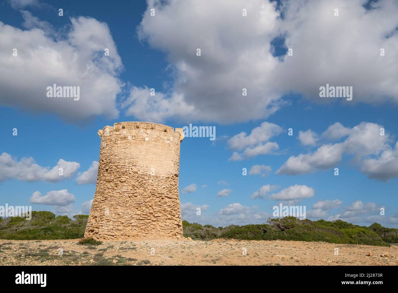 Wachturm der S Estalella, Jahr 1577, S'Estalella, Llucmajor, Mallorca, Balearen, Spanien, Europa Stockfoto