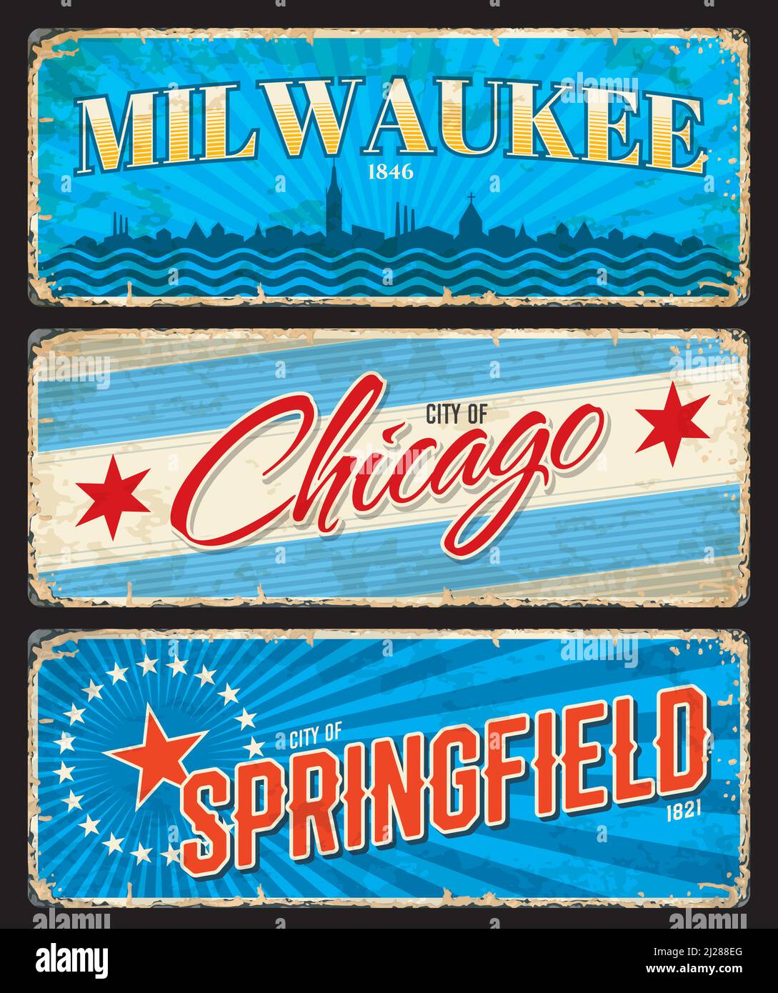 Chicago, Milwaukee und Springfield american Cities Teller und Reise-Aufkleber. RETRO-Blechschild in DER STADT ODER Stadt DER USA, Grunge-Reiseaufkleber oder Souvenir-Karte. Vereinigte Staaten Ziel vintage Vektorplatte Stock Vektor