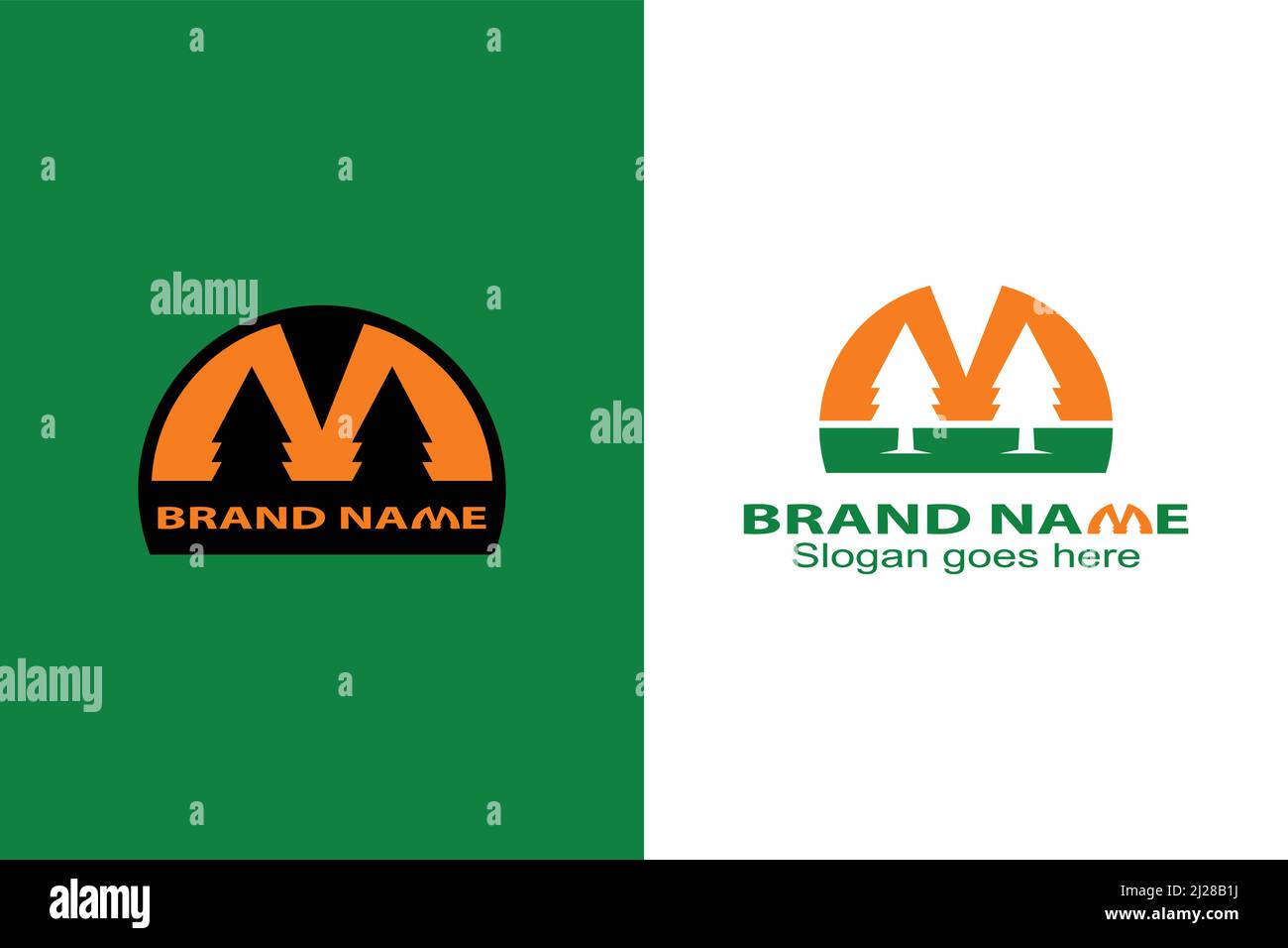 Pine M Buchstabe Logo Design Konzept. Der Buchstabe M Logo mit einem Designkonzept von zwei Pinien im negativen Raum. Ein modernes und einzigartiges Logo. Flaches Design. Stock Vektor