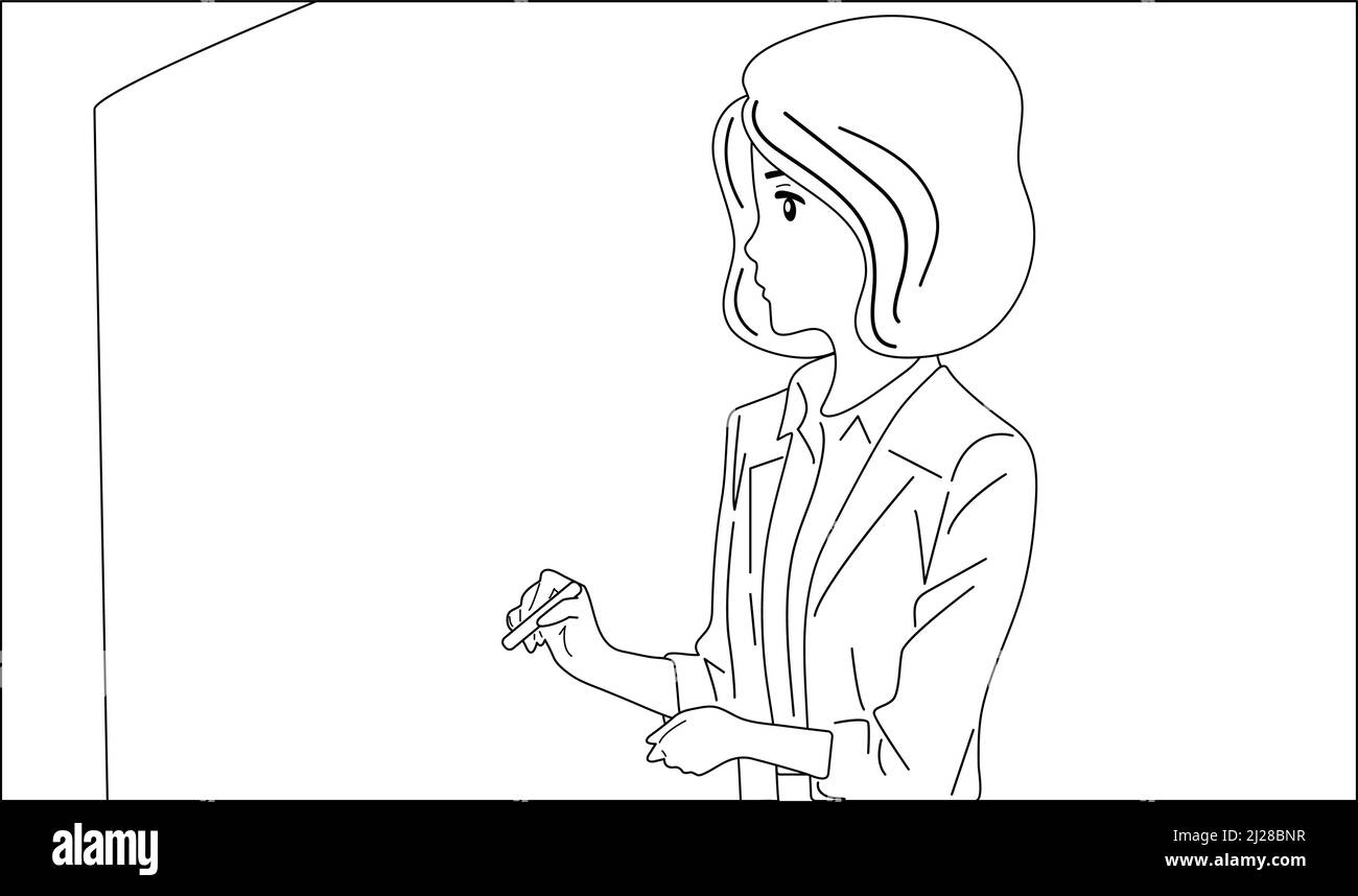 Schwarz-weiß der Lehrer in der Nähe der Schultafel hält eine Kreide in seinen Händen. Stock Vektor