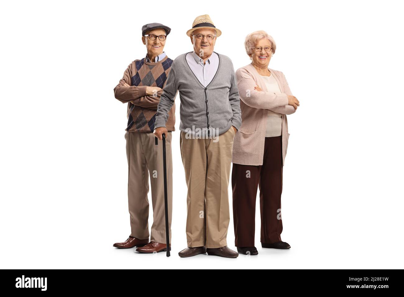 Gruppe von gelegentlichen älteren Menschen posiert mit gekreuzten Armen isoliert auf weißem Hintergrund Stockfoto