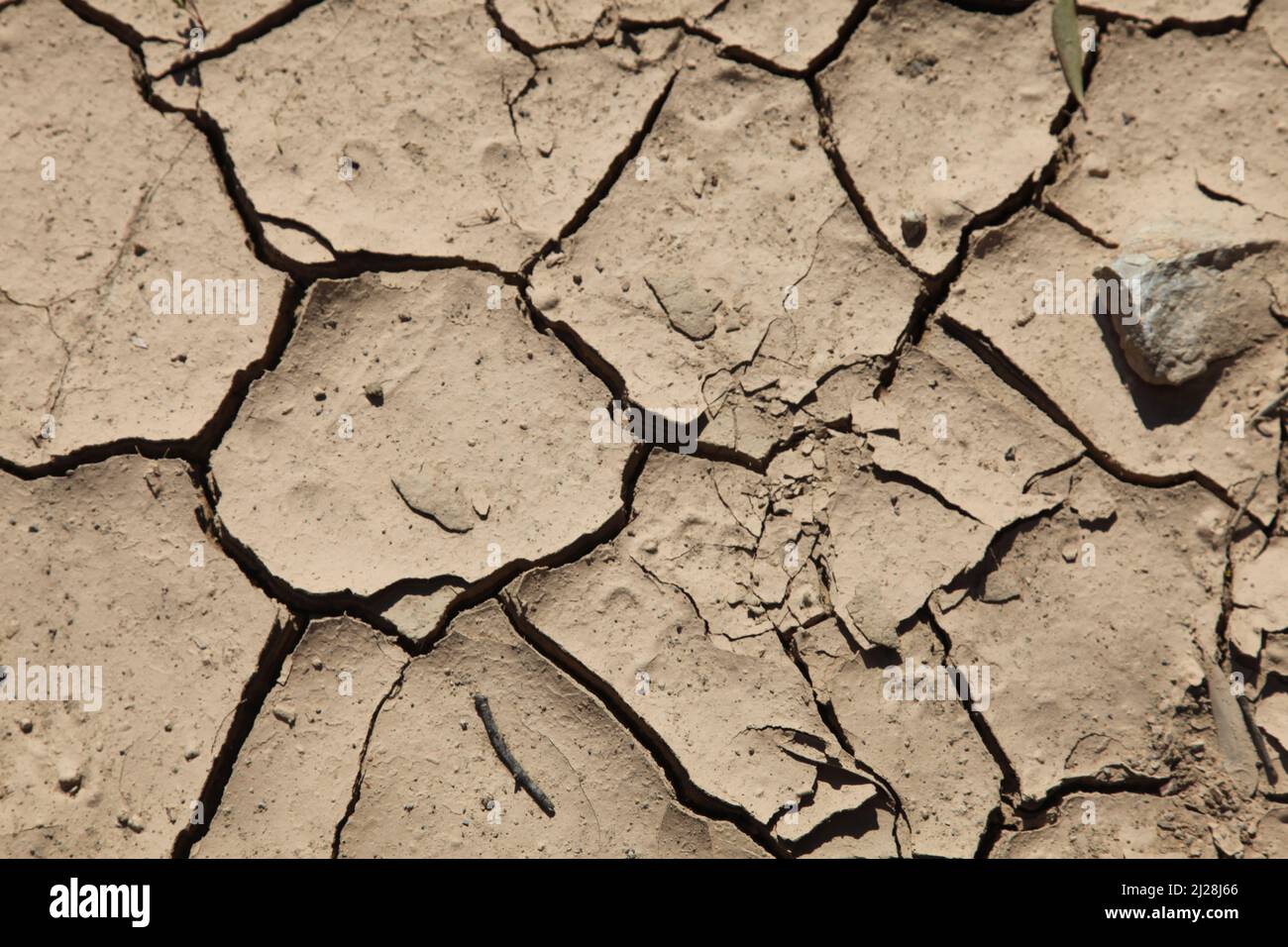 Rissige trockene Erde. Konzept für Wasserknappheit und Trockenheit. Draufsicht und Nahaufnahme. Gebrochener Boden für den Hintergrund. Stockfoto