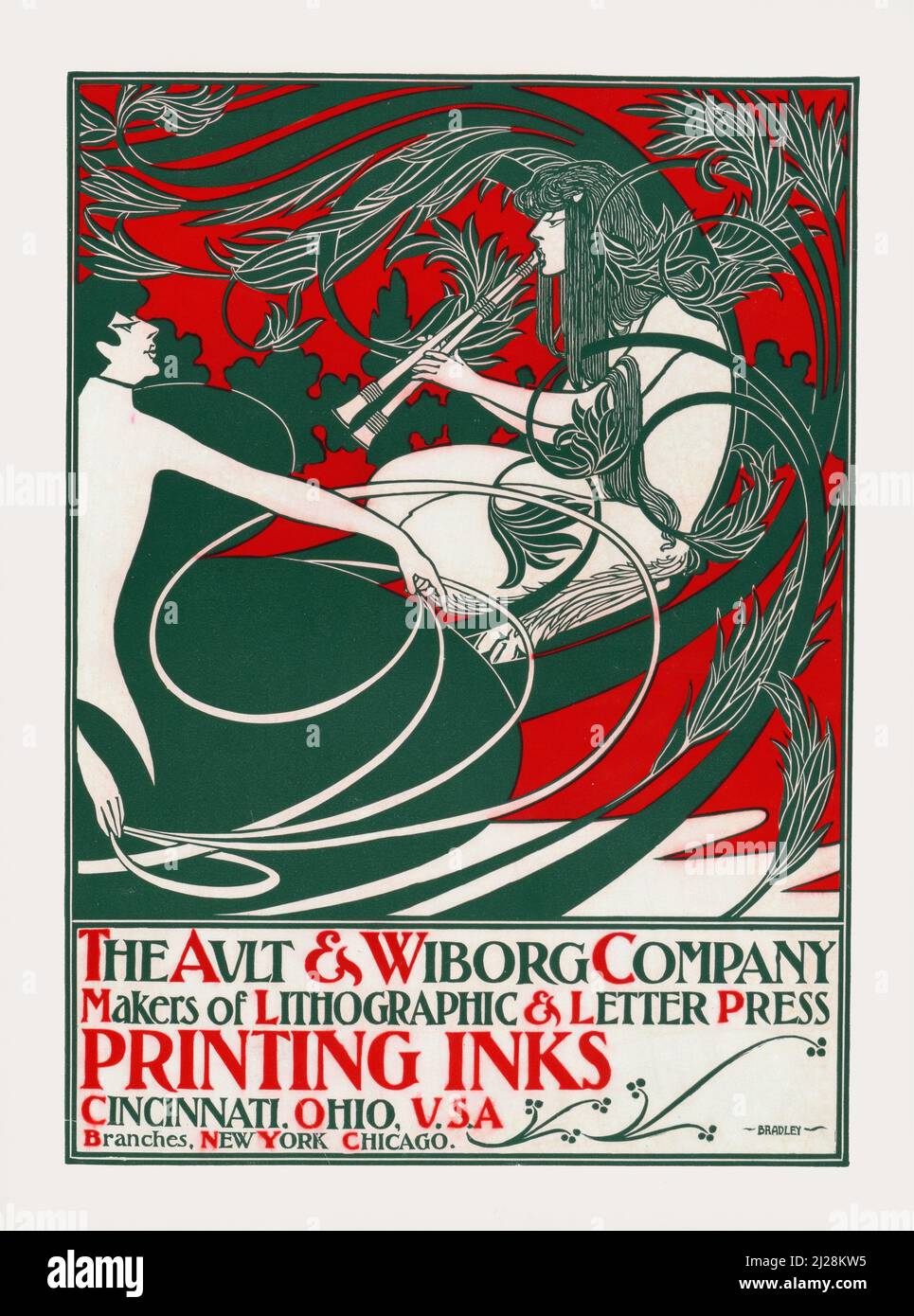Will Bradley Artwork - Ault & Wiborg Company, Macher von Lithografie- und Druckfarben für die Briefpresse (1890s) Art Nouveau Poster. Stockfoto