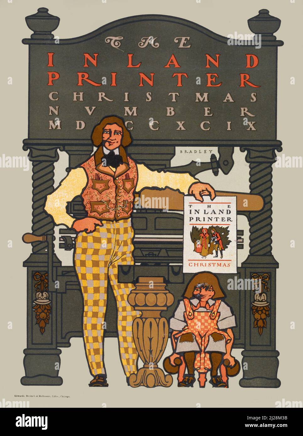 Will Bradley Artwork - der Binnendrucker. Weihnachtsnummer MDCCXCIX (1894-1896) American Art Nouveau - Alte und Vintage Magazin-Cover. Stockfoto