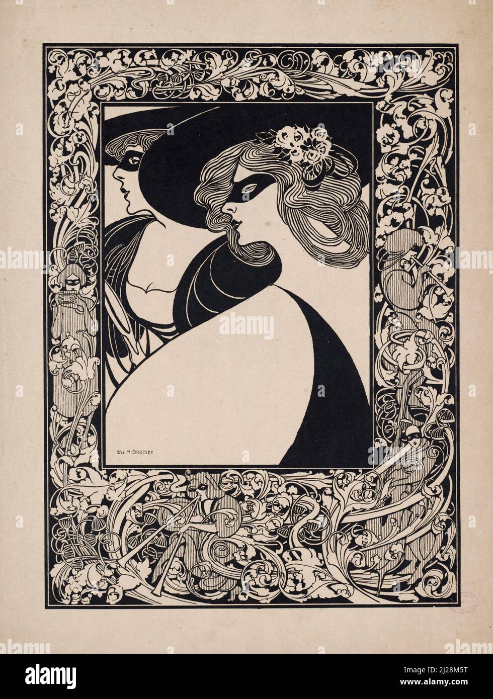 Will Bradley Artwork - Two Masked Women (1890-1920) American Art Nouveau - Old and vintage Poster / Magazine Cover in schwarz und weiß. Stockfoto