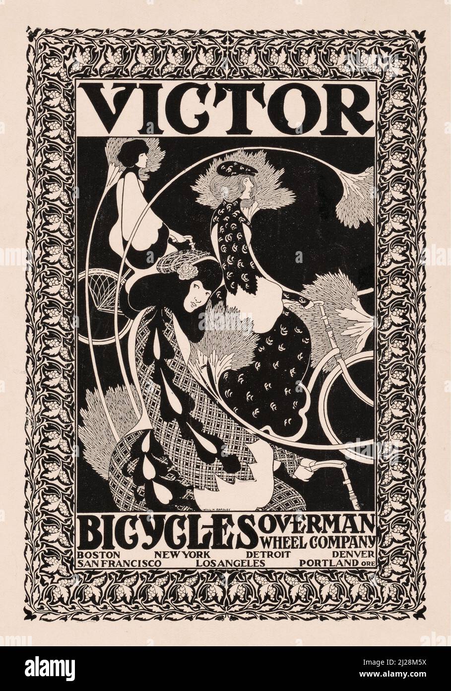 Will Bradley Kunstwerk - Victor Fahrräder (1895) American Art Nouveau - Alte und Vintage Poster / Magazin Cover in schwarz und weiß. Stockfoto