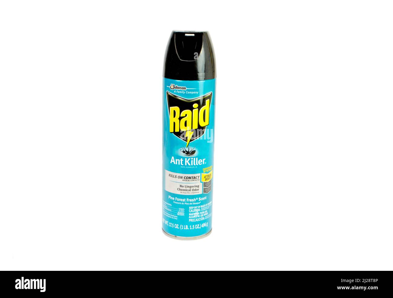 Eine Dose RAID Ant Killer isoliert über einem weißen Hintergrund Stockfoto