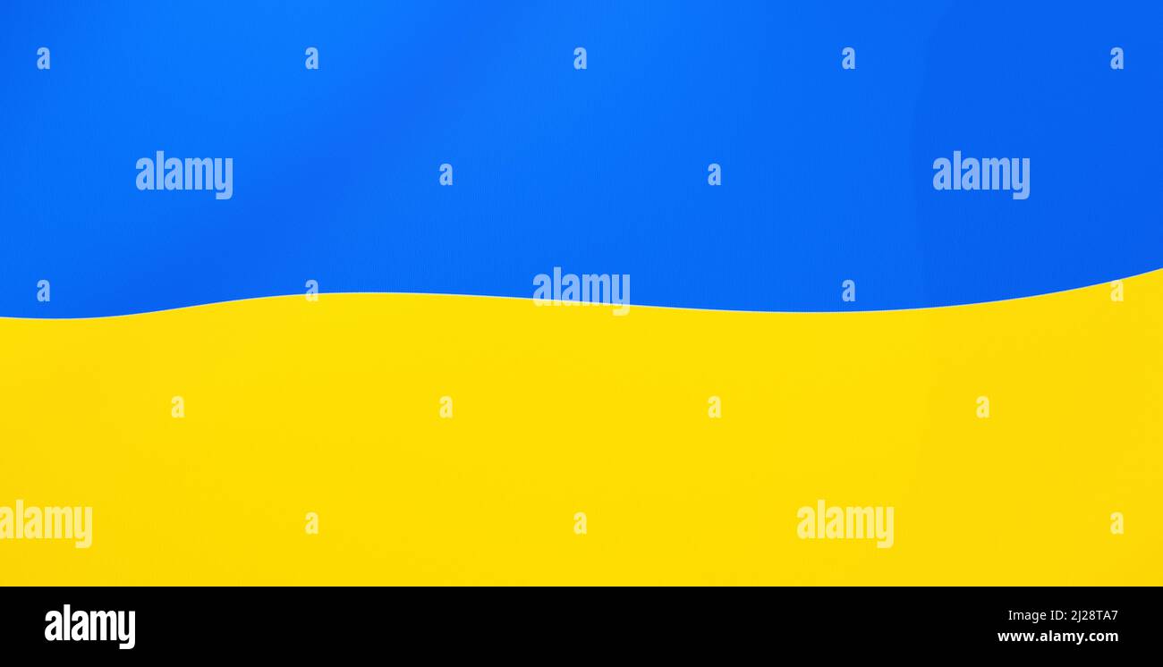Flagge der Ukraine, ukrainische Flagge im Wind, Nationalitätssymbol-Rendering, Objekt-Nahaufnahme, Vollformat, abstrakte Nachrichten-Hintergrundtextur. Webstoff Bac Stockfoto